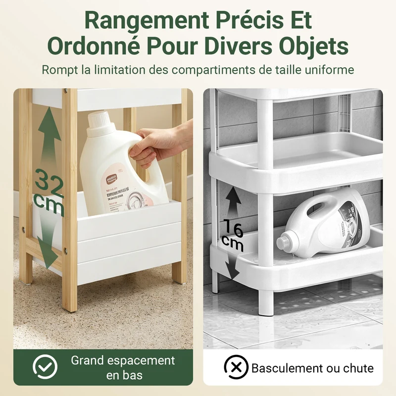 SoBuy FRG226-H-WN Étagère WC Étroite 28 cm avec 4 Compartiments, Cadre Bambou et Anti-basculement – Rangement Toilette Bois Naturel et Blanc, 90 cm