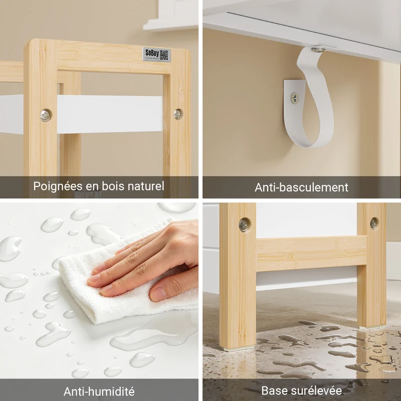 SoBuy FRG226-H-WN Étagère WC Étroite 28 cm avec 4 Compartiments, Cadre Bambou et Anti-basculement – Rangement Toilette Bois Naturel et Blanc, 90 cm