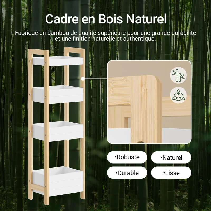 SoBuy FRG226-H-WN Étagère WC Étroite 28 cm avec 4 Compartiments, Cadre Bambou et Anti-basculement – Rangement Toilette Bois Naturel et Blanc, 90 cm
