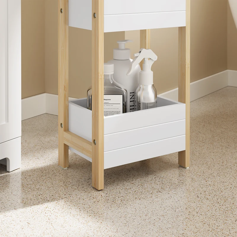 SoBuy FRG226-H-WN Étagère WC Étroite 28 cm avec 4 Compartiments, Cadre Bambou et Anti-basculement – Rangement Toilette Bois Naturel et Blanc, 90 cm