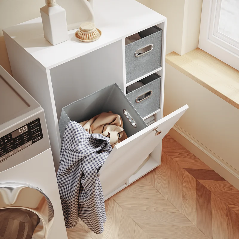 SoBuy BZR218-W Meuble Salle de Bain avec Panier à Linge Intégré, Porte Basculante, 2 Paniers en Tissu et 3 Étagères Réglables – Colonne Rangement Blanc, 50 × 30 cm