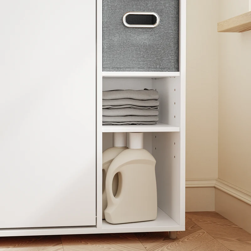 SoBuy BZR218-W Meuble Salle de Bain avec Panier à Linge Intégré, Porte Basculante, 2 Paniers en Tissu et 3 Étagères Réglables – Colonne Rangement Blanc, 50 × 30 cm