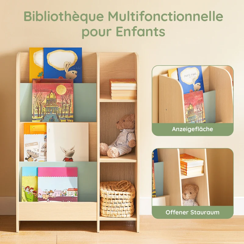 SoBuy KMB114-GR Bibliothèque Enfant avec 4 Étagères et 3 Compartiments, pour Chambre d’Enfant, Rangement Optimisé, Design Fonctionnel – L63×P30×H90 cm, Vert