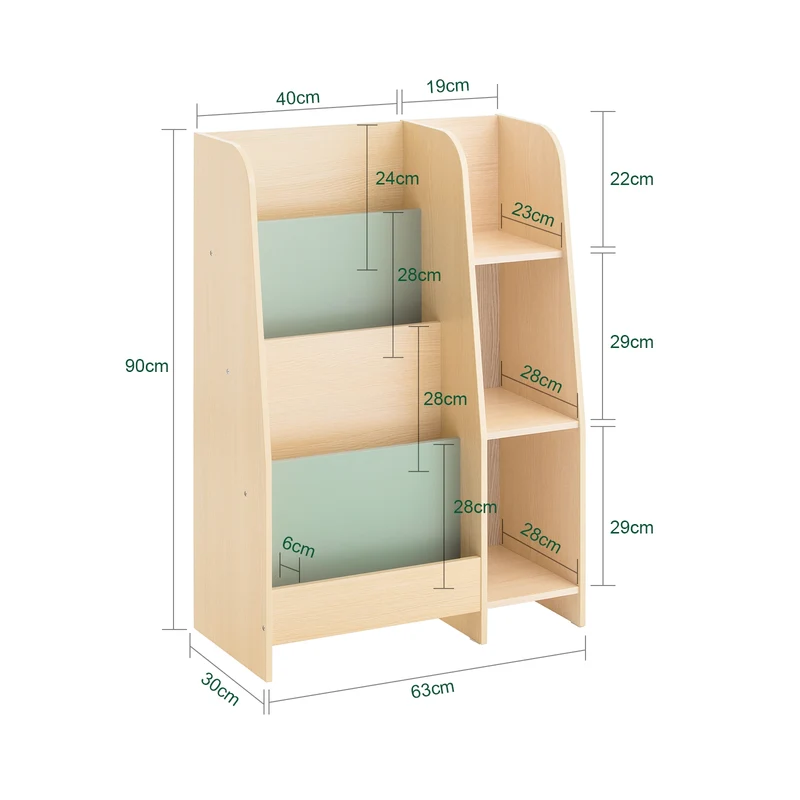 SoBuy KMB114-GR Bibliothèque Enfant avec 4 Étagères et 3 Compartiments, pour Chambre d’Enfant, Rangement Optimisé, Design Fonctionnel – L63×P30×H90 cm, Vert