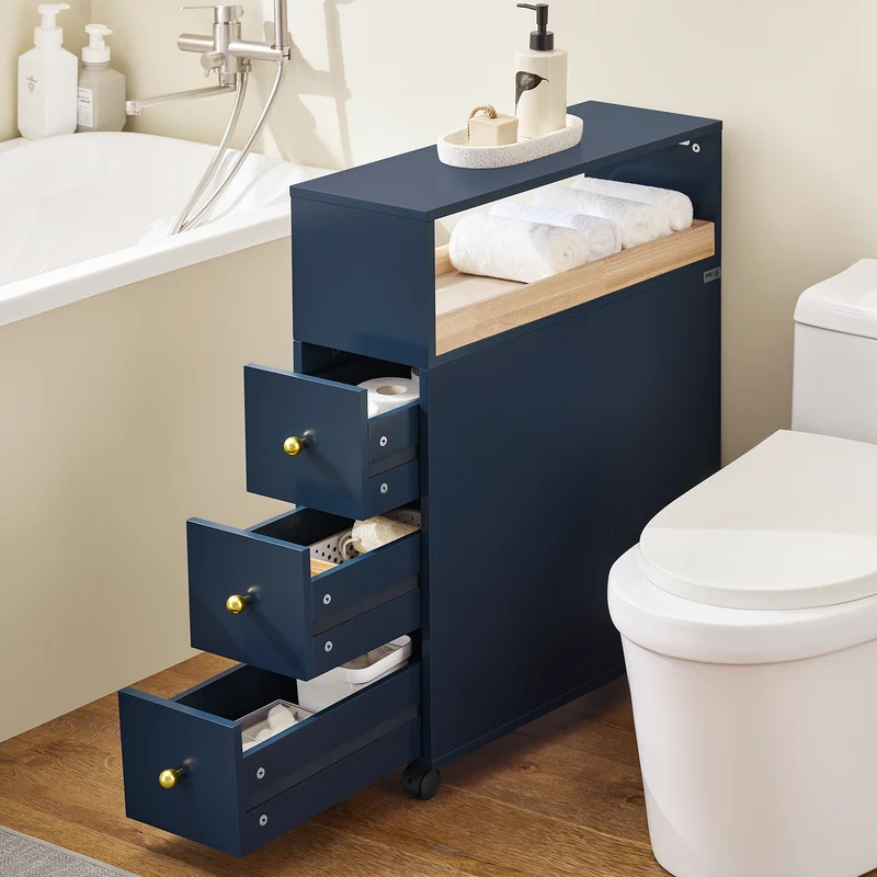 SoBuy BZR195-B Meuble de Rangement Salle de Bain Étroit sur roulettes, Support Papier Toilette, Armoire Toilettes WC Compact, 1 Plateau Amovible et 3 Tiroirs
