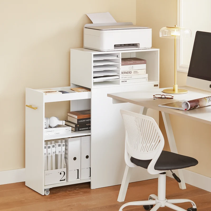 SoBuy ASK12-W Meuble Imprimante avec roulettes Support Imprimante Roulant Caisson de Bureau avec Compartiments Petit Meuble de Rangement Bureau Compact 60x33x100 cm Blanc