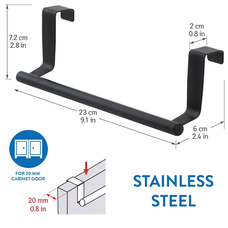 Tatkraft Horizon Black Porte Serviettes Torchons sur Porte, Barre Acier Inox à Suspendre sur Porte de Placard, Installation sans Perçage