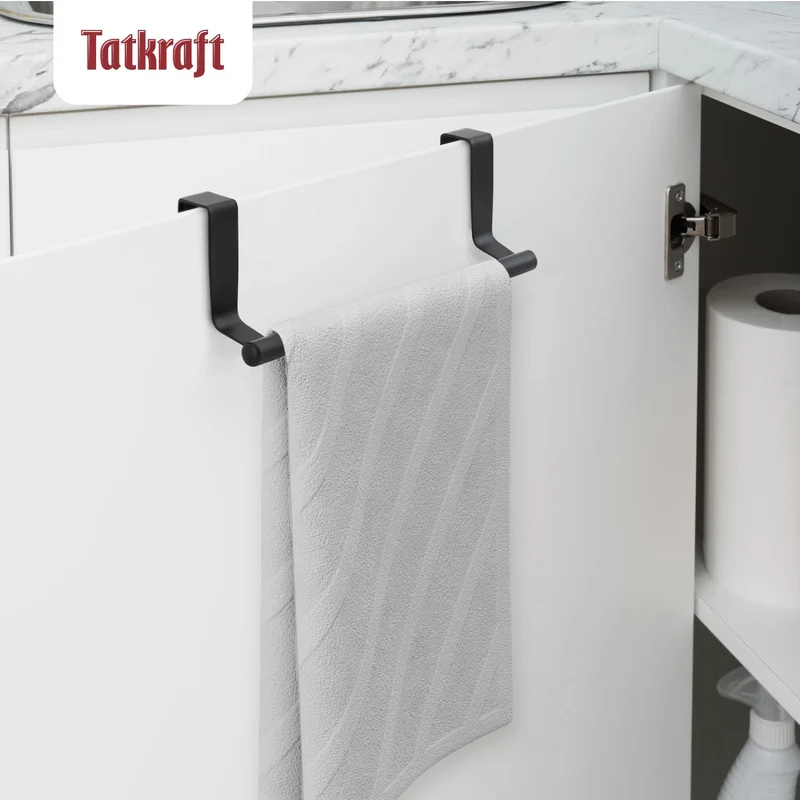 Tatkraft Horizon Black Porte Serviettes Torchons sur Porte, Barre Acier Inox à Suspendre sur Porte de Placard, Installation sans Perçage