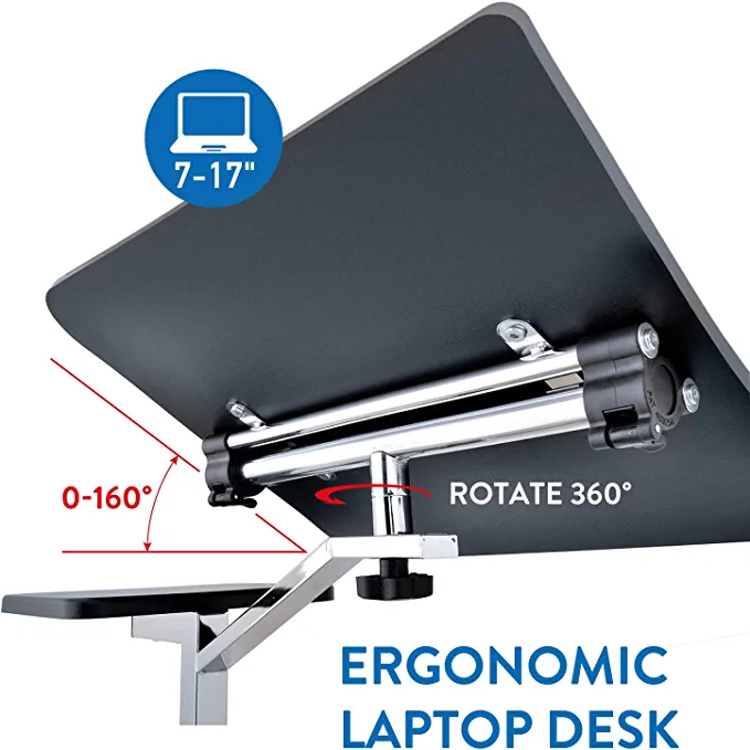 Tatkraft Joy – Table roulante pour ordinateur portable, plateau inclinable, hauteur réglable, tablette pour souris, noir et chrome