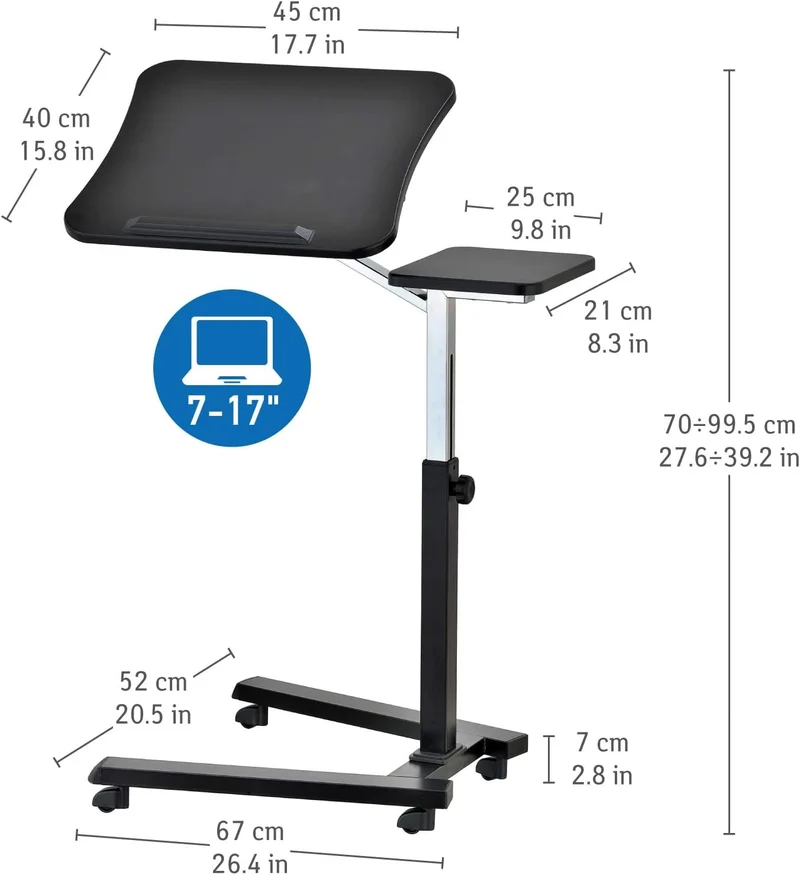 Tatkraft Joy – Table roulante pour ordinateur portable, plateau inclinable, hauteur réglable, tablette pour souris, noir et chrome