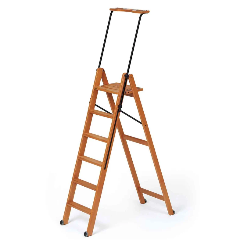 ARIT TUSCANIA 6 – Escabeau en bois, 6 marches antidérapantes, pliable, système de sécurité, compartiment supérieur, roulettes