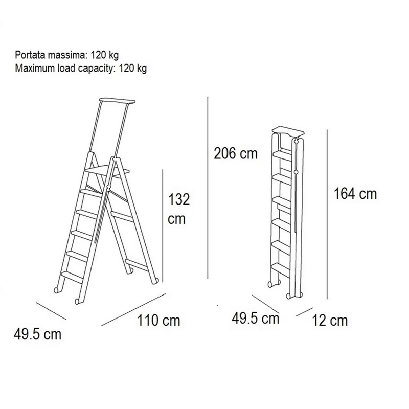 ARIT TUSCANIA 6 – Escabeau en bois, 6 marches antidérapantes, pliable, système de sécurité, compartiment supérieur, roulettes