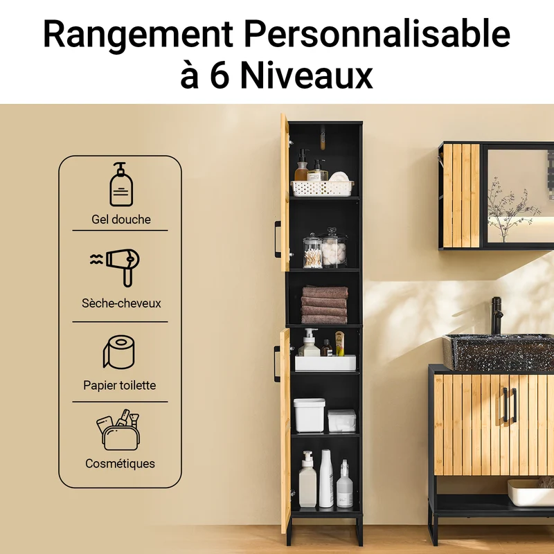 SoBuy BZR201-SCH Colonne Salle de Bain avec Étagères Réglables, Résistant à l’Humidité, pour Salle de Bain et WC, Rangement Optimisé, Design Fonctionnel – Noir
