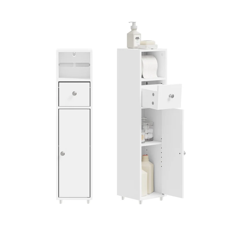 SoBuy BZR219-W Bathroom Cabinet 20 x 20 cm Narrow Toilet Cabinet with Roll Holder and Reversible Door, Compact Toilet Storage with Drawer and Adjustable Shelf