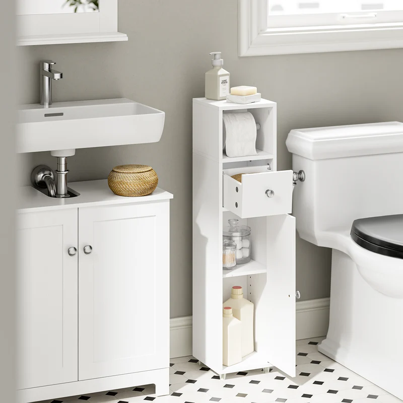SoBuy BZR219-W Bathroom Cabinet 20 x 20 cm Narrow Toilet Cabinet with Roll Holder and Reversible Door, Compact Toilet Storage with Drawer and Adjustable Shelf