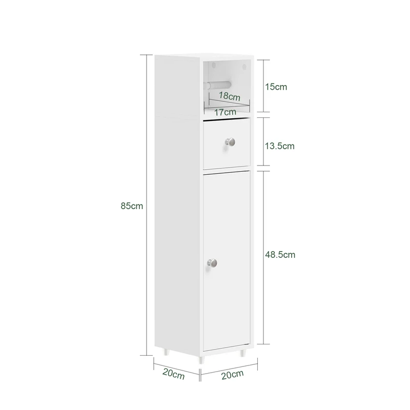 SoBuy BZR219-W Bathroom Cabinet 20 x 20 cm Narrow Toilet Cabinet with Roll Holder and Reversible Door, Compact Toilet Storage with Drawer and Adjustable Shelf
