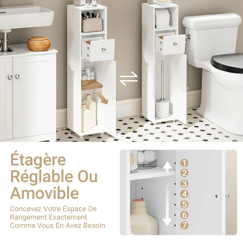 SoBuy BZR219-W Bathroom Cabinet 20 x 20 cm Narrow Toilet Cabinet with Roll Holder and Reversible Door, Compact Toilet Storage with Drawer and Adjustable Shelf
