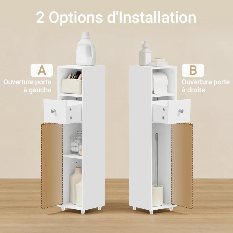 SoBuy BZR219-W Bathroom Cabinet 20 x 20 cm Narrow Toilet Cabinet with Roll Holder and Reversible Door, Compact Toilet Storage with Drawer and Adjustable Shelf