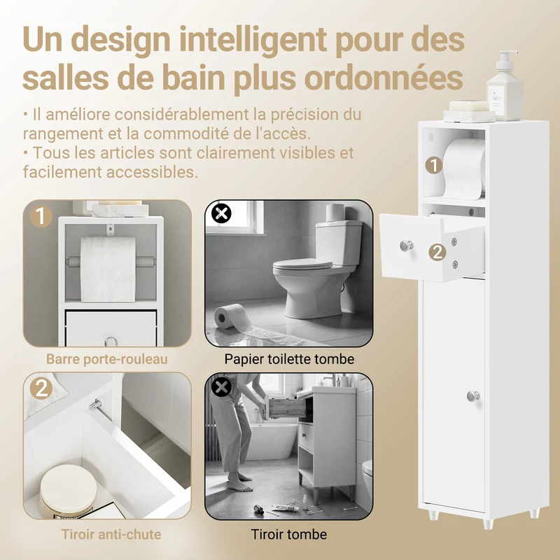 SoBuy BZR219-W Bathroom Cabinet 20 x 20 cm Narrow Toilet Cabinet with Roll Holder and Reversible Door, Compact Toilet Storage with Drawer and Adjustable Shelf