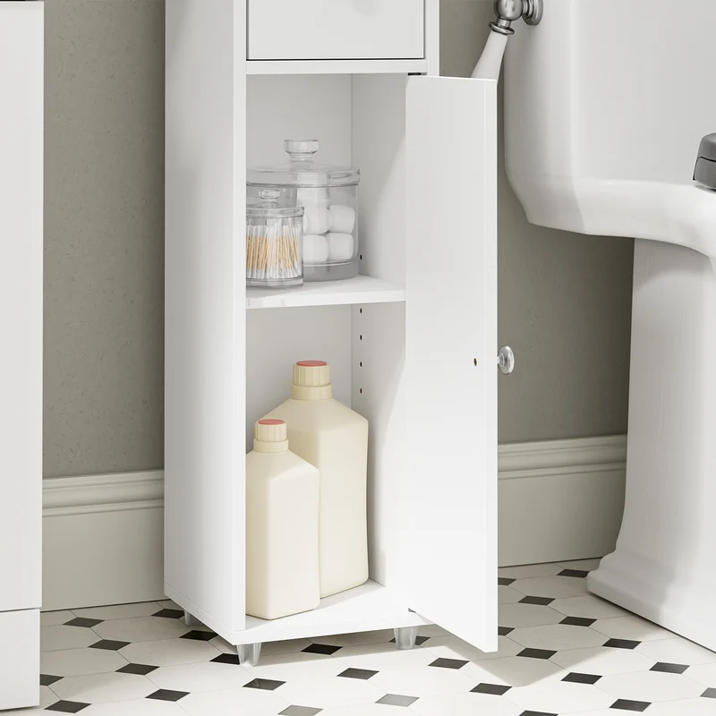 SoBuy BZR219-W Bathroom Cabinet 20 x 20 cm Narrow Toilet Cabinet with Roll Holder and Reversible Door, Compact Toilet Storage with Drawer and Adjustable Shelf