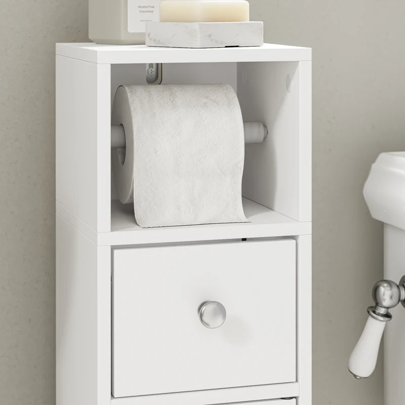 SoBuy BZR219-W Bathroom Cabinet 20 x 20 cm Narrow Toilet Cabinet with Roll Holder and Reversible Door, Compact Toilet Storage with Drawer and Adjustable Shelf