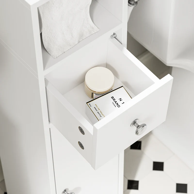 SoBuy BZR219-W Bathroom Cabinet 20 x 20 cm Narrow Toilet Cabinet with Roll Holder and Reversible Door, Compact Toilet Storage with Drawer and Adjustable Shelf