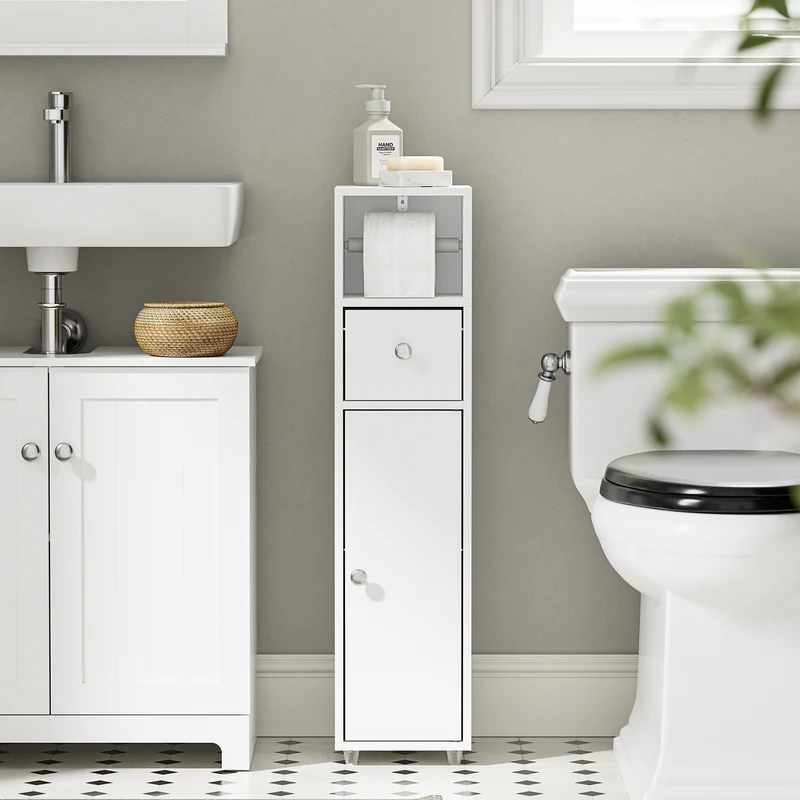 SoBuy BZR219-W Bathroom Cabinet 20 x 20 cm Narrow Toilet Cabinet with Roll Holder and Reversible Door, Compact Toilet Storage with Drawer and Adjustable Shelf