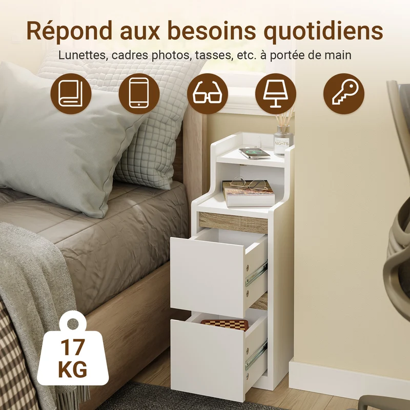 SoBuy FBT178-E-WN Table de Chevet Étroite – 22 cm, Chargeur USB-A & Type-C, Barre LED Tactile, 2 Tiroirs