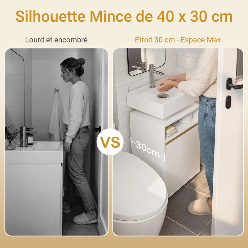 SoBuy BZR222-W Meuble Sous Lavabo Étroit – Découpe en U, 40 × 30 × 60 cm, Niche Ouverte, Blanc et Bois