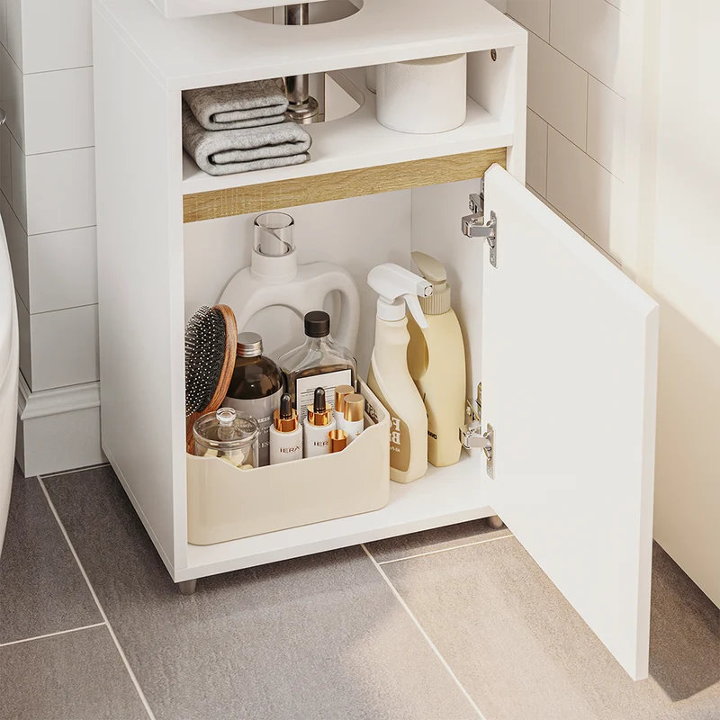 SoBuy BZR222-W Meuble Sous Lavabo Étroit – Découpe en U, 40 × 30 × 60 cm, Niche Ouverte, Blanc et Bois