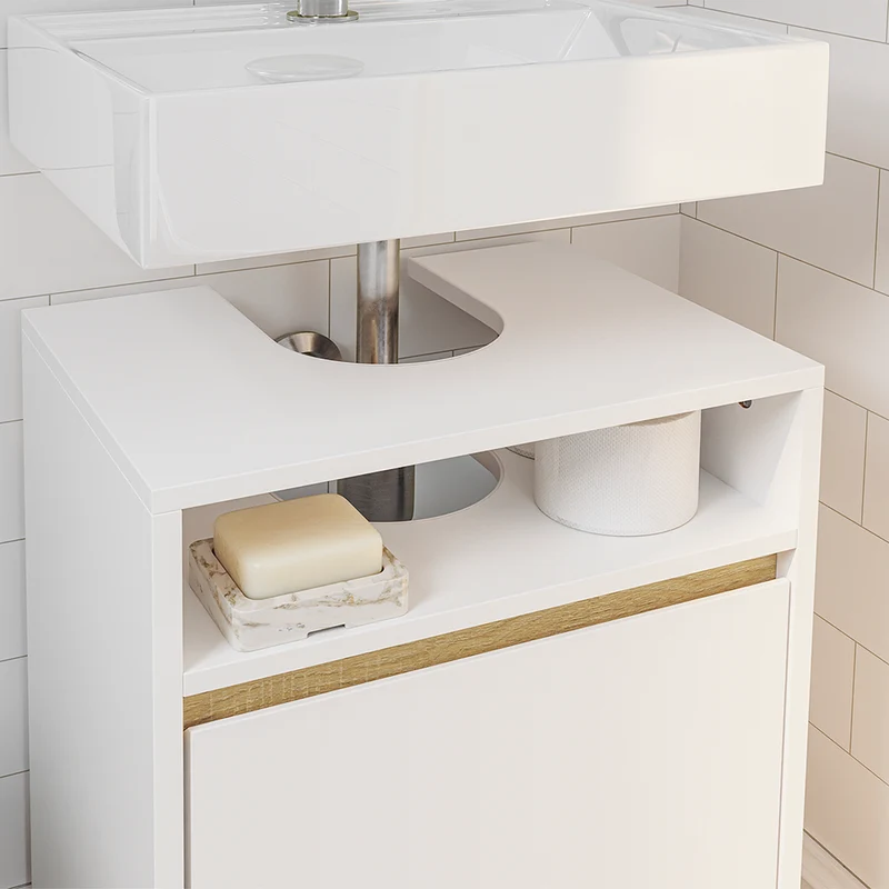 SoBuy BZR222-W Meuble Sous Lavabo Étroit – Découpe en U, 40 × 30 × 60 cm, Niche Ouverte, Blanc et Bois
