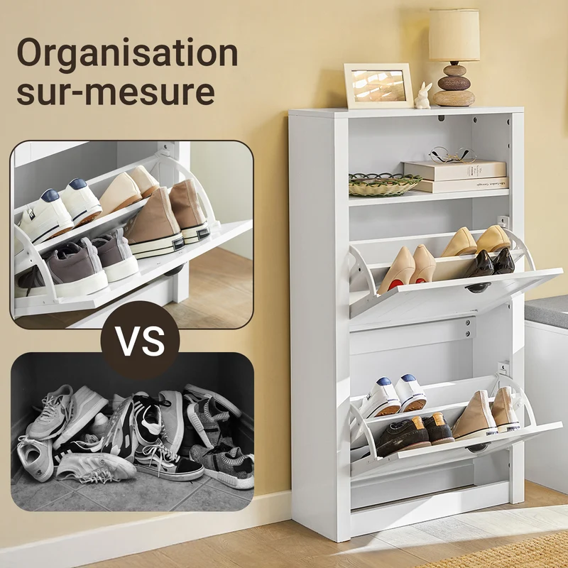 SoBuy FSR87-K-W Armoire à Chaussures 2 Abattants et Compartiment Ouvert – 60×24×110 cm, 50 kg, MDF E1, Blanc
