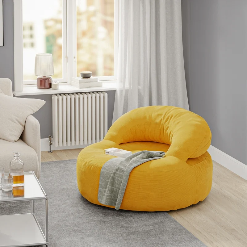 SoBuy FST100-Y Fauteuil Relax Scandinave en Velours Côtelé Jaune avec Pouf – Dossier Inclinable – 110×125×65 cm, Jaune