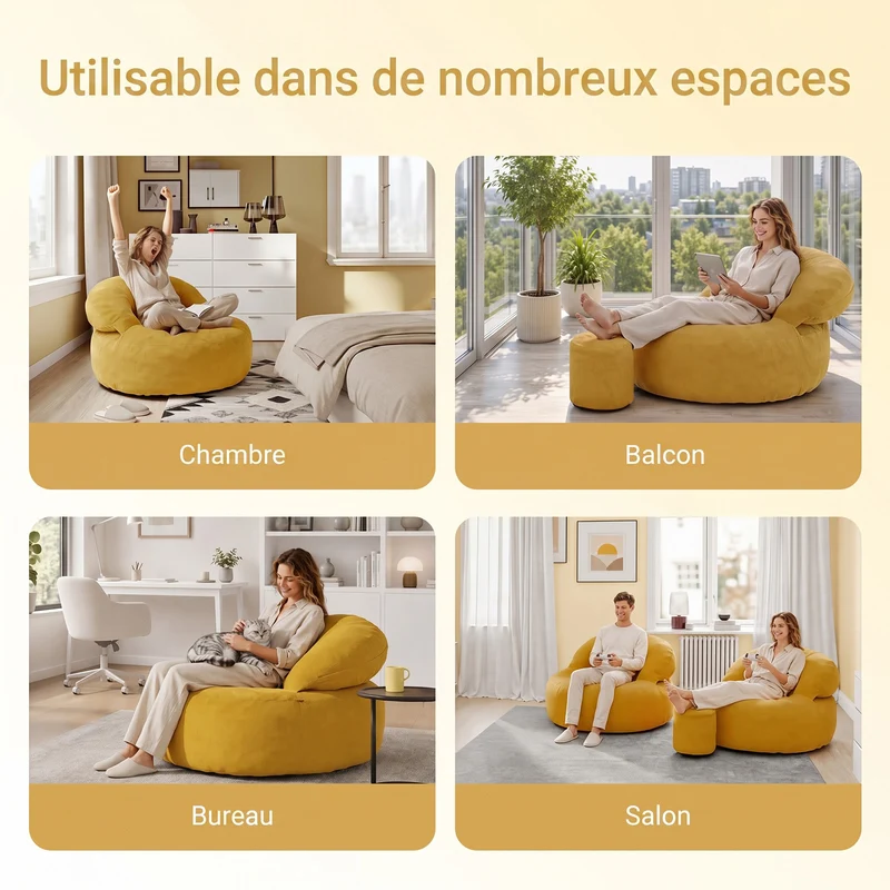 SoBuy FST100-Y Fauteuil Relax Scandinave en Velours Côtelé Jaune avec Pouf – Dossier Inclinable – 110×125×65 cm, Jaune