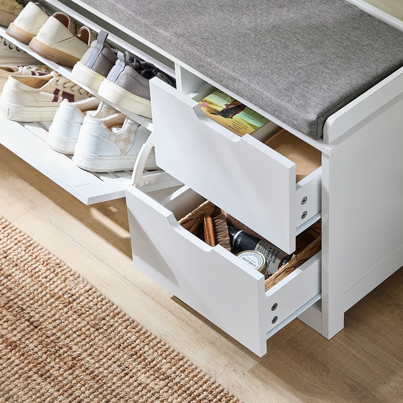 SoBuy FSR185-W Banc de Rangement, Meuble d'Entrée, Commode à Chaussure, Banquette avec Coussin Rembourré 1 Abattant et 2 Tiroir