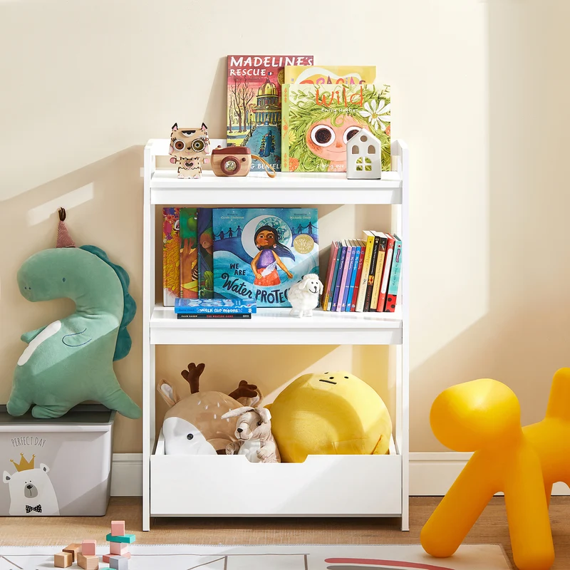 SoBuy KMB31-W Étagère de Rangement Jouets pour Enfants Coffre à Jouets Bibliothèque Étagère à Livres Porte-revues avec