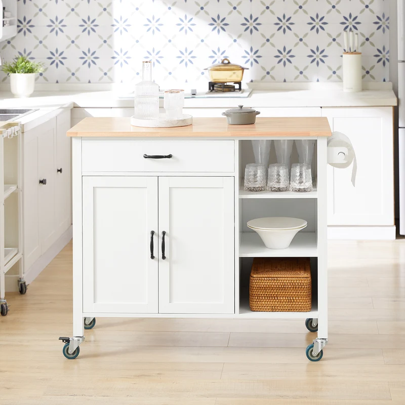 SoBuy FKW103-WN Desserte Îlot de Cuisine Desserte à roulettes Chariot de Cuisine Meuble de Rangement avec Porte-Serviettes, Placard Tiroir et 3 étagères