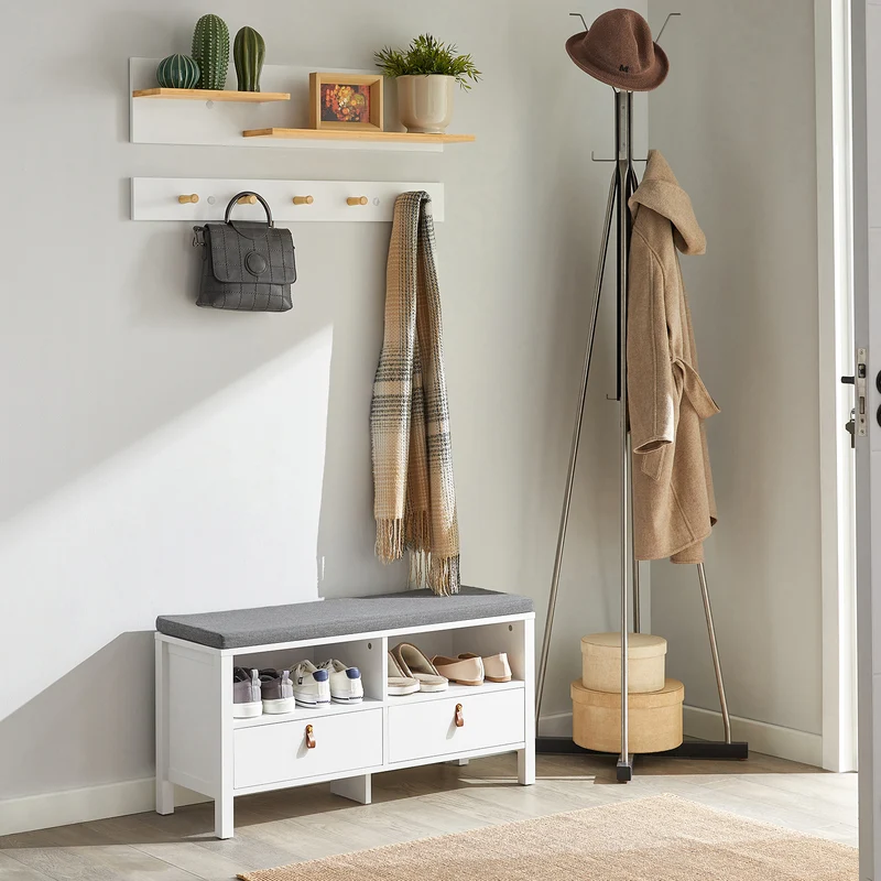 SoBuy FHK21-WN Porte-manteau Mural en 2 Parties Étagère Murale Porte-manteau d'Entrée Patères avec Étagère Suspendue É