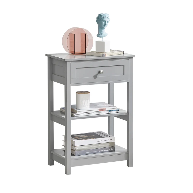 SoBuy FBT46-HG Table de Chevet avec 1 Tiroir & 2 Étagères, Table d'appoint Moderne, Gris, L45 x P30 x H68cm
