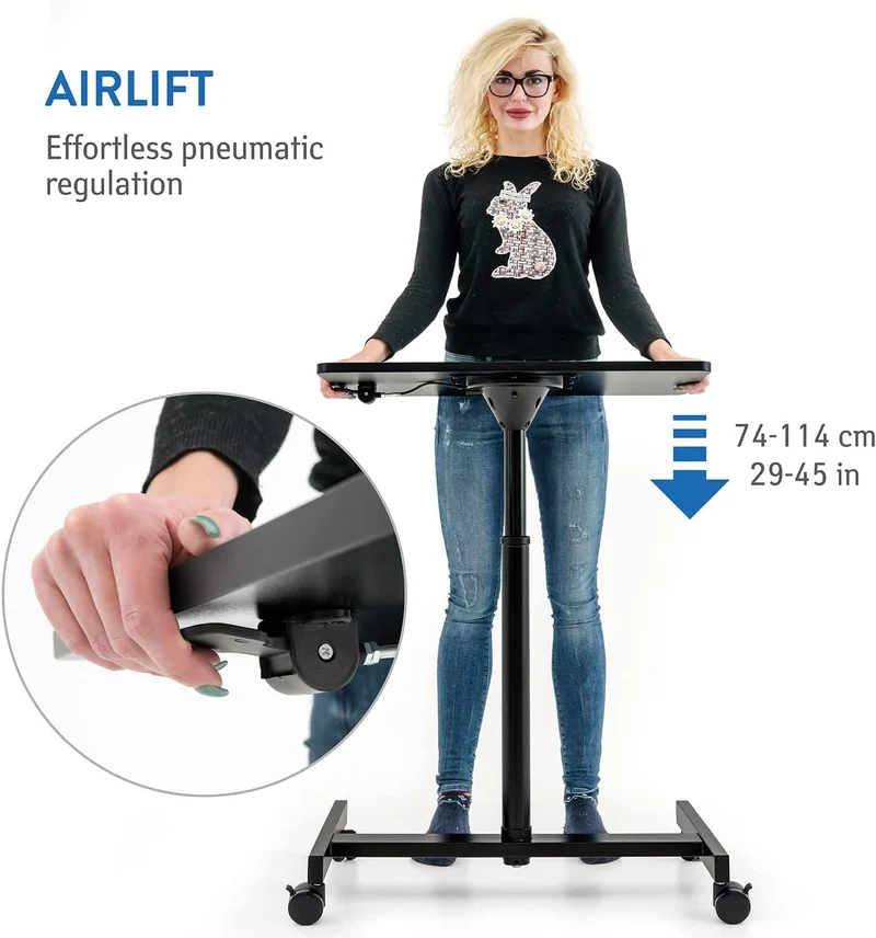 Tatkraft Focus - Table Pneumatique pour Ordinateur Portable à Roulettes, Hauteur Réglable de 74 à 114 cm