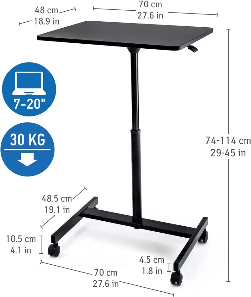 Tatkraft Focus - Table Pneumatique pour Ordinateur Portable à Roulettes, Hauteur Réglable de 74 à 114 cm