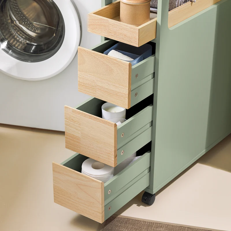 SoBuy BZR54-GR Meuble Salle de Bain à roulettes, Armoire de Salle de Bain Étroit avec 3 Tiroirs et Étagère Réglable, Petit Meuble WC en Bois pour Toilette, Vert, 65x24x82cm