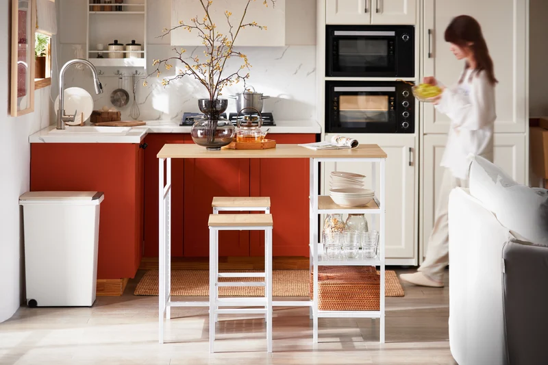 SoBuy OGT51-WN Ensemble Table et 2 Tabourets, Table Cuisine avec 3 Étagères Latérales, Table Haute Mange-Debout