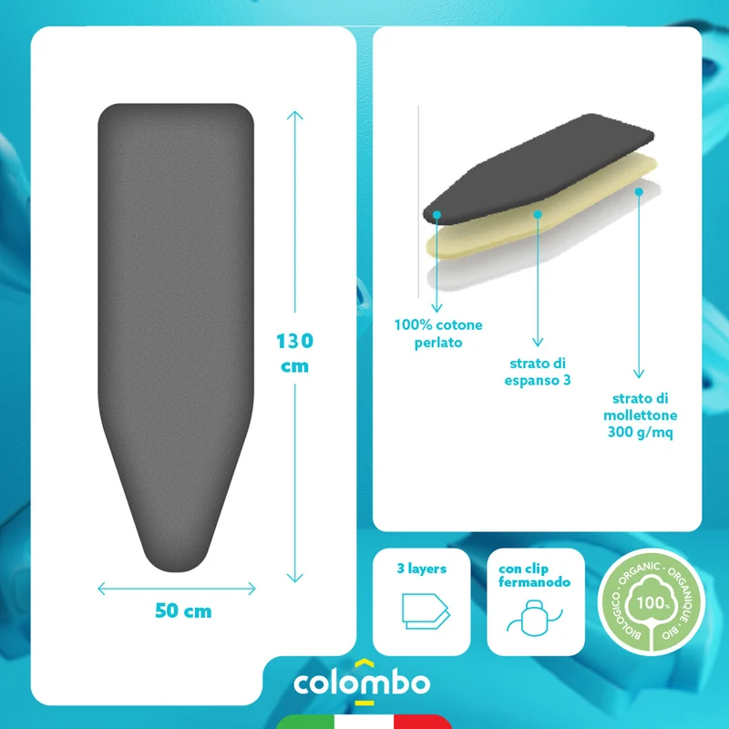 Colombo Perlate L – Housse de table à repasser 3 épaisseurs, 130 × 50 cm, coton métallisé
