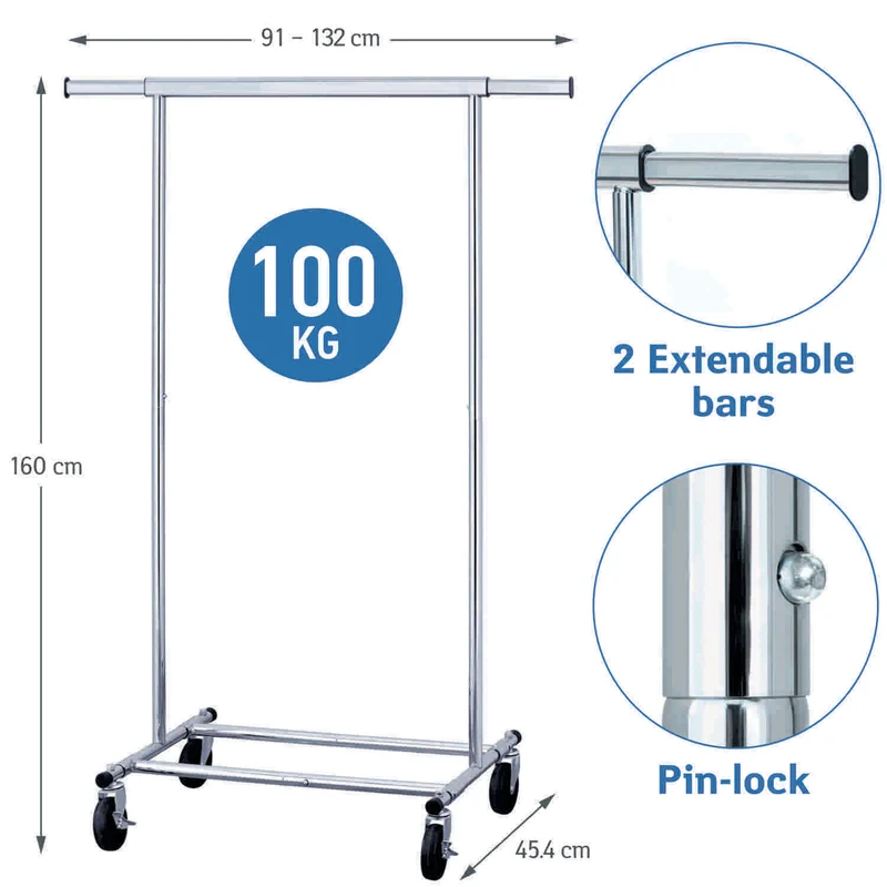 Tatkraft Darren – Portant à vêtements solide, professionnel, jusqu’à 100 kg, montage en 1 min, pliable, avec roulettes, chromé
