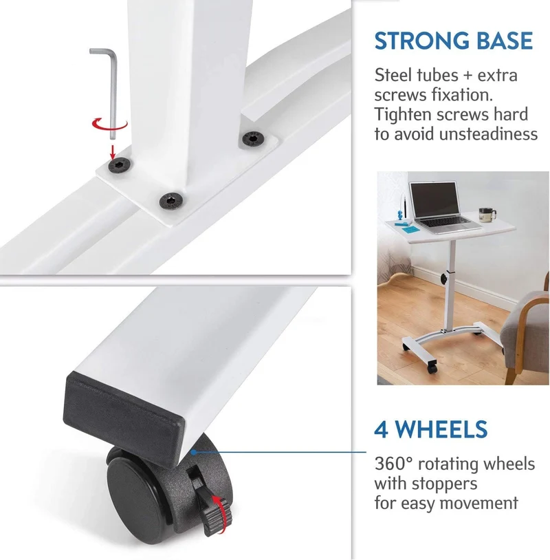 Tatkraft Cheer – Table mobile pour ordinateur portable, hauteur réglable de 52 à 84 cm, plateau 60 × 40 cm, 4 roulettes avec frein, blanche