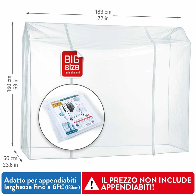 Tatkraft Big - Housse Portant Vetement, Housse Protection pour Portant à Vêtements, 183×60×160cm, Transparente avec 2 Fermetures Éclair, Antipoussière