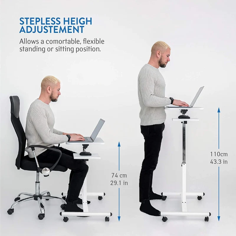 Tatkraft Bianca - Table Ergonomique pour Ordinateur Portable avec Support de Souris, Hauteur Réglable de 72 à 110 cm, Pivote à 360°