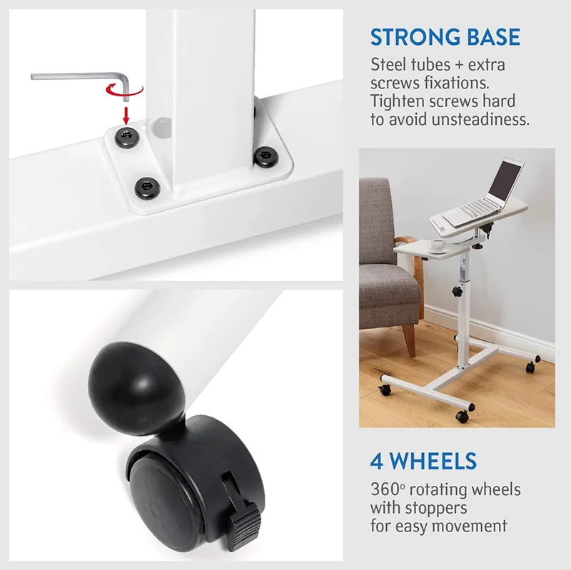 Tatkraft Bianca - Table Ergonomique pour Ordinateur Portable avec Support de Souris, Hauteur Réglable de 72 à 110 cm, Pivote à 360°