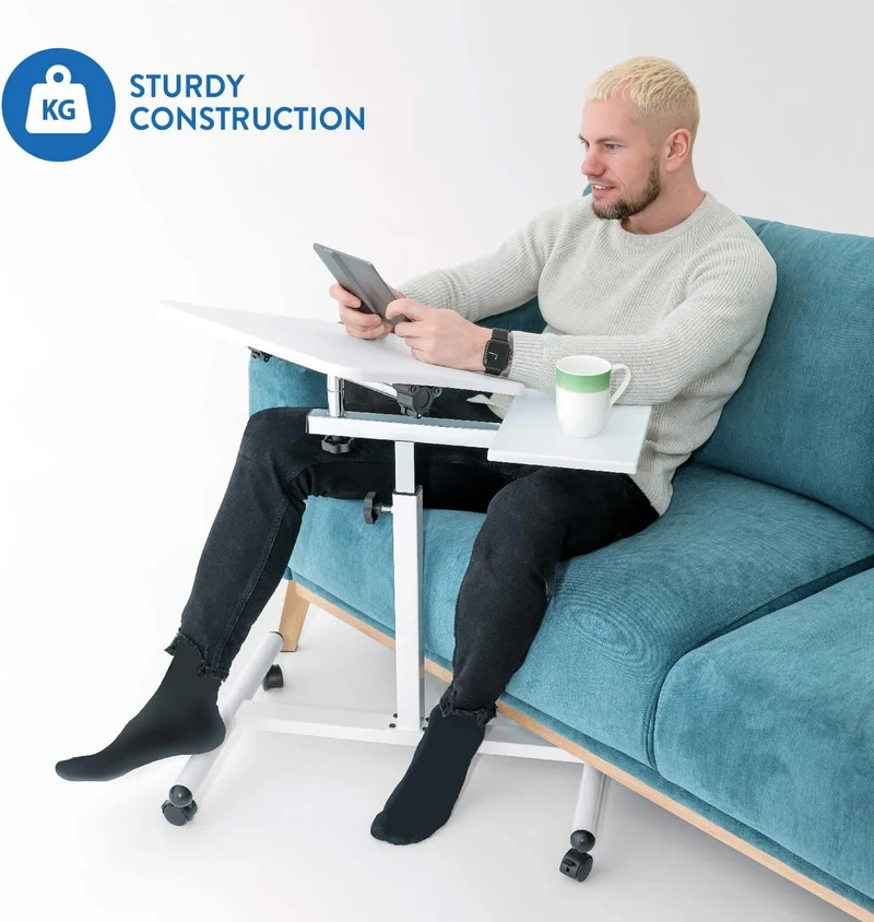Tatkraft Bianca - Table Ergonomique pour Ordinateur Portable avec Support de Souris, Hauteur Réglable de 72 à 110 cm, Pivote à 360°